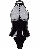 Satohom Damen Wetlook Body Leder Bodysuit Brust Harness PU Leder Halsband mit Kette Erotik String Body Unterwäsche Gogo Unterwäsche Clubwear mit Neckholder Weihnachten