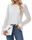 Tanmolo Langarmshirt Damen Bluse Waffelstrick Tops Langarm Pullover Lässig Blusen Spitze Oberteile Rundhals Hemden Herbst Blusenshirt Weiß, L