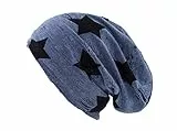 shenky XXL | Long Beanie | große Köpfe | leichte Sommermütze | extralange Haube | für Damen & Männer | Unisex | dünn | Long Slouch Beanie | Blau Distressed Stern