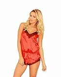 Kalimo Pyjama Ronda | Romantischer Zweiteiliger Damen Schlafanzug | Nachtwäsche | Spitzenbesatz | Farbe: Rot | Größe: S | Material: Satin