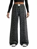 GORGLITTER Damen Lange Hose Y2K Breite Bein Freizeithose Leoparden Stoffhose Causalhose mit Hohe Elastische Bund Jogginghose Palazzon Pants Dunkelgrau XL