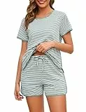 Namatime Schlafanzug Damen Kurz Baumwolle Pyjama Sets 2 Stück Loungewear Stripe Nachtwäsche Kurzarm Top und Shorts mit Taschen Grün S