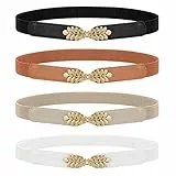 WERFORU 4 Stück Damen Dünne Elastische Gürtel Mode Blattlegierung Schnalle Dehnbar Dünner Taillengürtel für Kleider Schwarz/Weiß/Braun/Beige