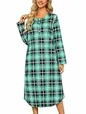 ENJOYNIGHT Damen Lang Flanell Nachthemd Langarm Schlafshirt Knopfleiste Schlafhemd mit Taschen (Large,Schwarz+Grün)