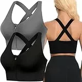 FVXYnnv 2 Pack Sport BH mit Reißverschluss Vorne, Crossback Mittlerer Halt Sports Bustier ohne Bügel Nahtlos Yoga Gym Fitness Bra (Schwarz Grau, XL)