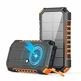 Wireless-Solar-Power-Bank-27000mAh - Riapow 22,5W Schnellladung Powerbank Solar mit 2 Kabeln & Doppelte Taschenlampe, USB C PD QC 3.0 Externes Akku für Smartphones Tablets Camping (Orange)