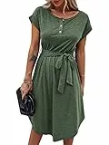 Bequemer Laden Sommer Damen Kleid Knopfleiste Kurzarm Locker Kleider Elegant Sommerkleid Strandkleid Freizeitkleid Midikleid Businesskleid mit Taille Krawatte, Grün, L