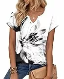 PLOKNRD T-Shirt Damen Sommer V Ausschnitt - Locker Bluse Oberteile Top Damen Leicht und Luftig mit Flügelärmeln Schwarz Weiße Blume M
