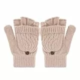 SAFIGLE Damen Warme Fingerlose Handschuhe Mit Klappbaren FäUstlingen Aus Wollstrick Halb-Fingerhandschuhe FüR Winter KäLteschutz Und Outdoor Leicht Und Atmungsaktiv Beige
