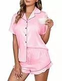 Niwicee Satin Schlafanzug Damen mit Knopfleiste Kurz Nachtwäsche Pyjamas Set Zweiteiliger Nachtwäsche Hausanzug PJs V-Ausschnitt Loungewear (Rosa, L)