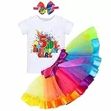 FYMNSI 5. Fünfter Geburtstag Outfit Regenbogen Tütü Rock Kurzarm T-shirt Tops Stirnband Cartoon 5 Jahre Party Fotoshooting Fotografie Fasching Kostüme Bekleidungsset 5th Birthday Girl 5 Jahre