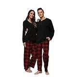 U2SKIIN Schlafanzug Damen Fleece Pyjama lang Karierte Schlafanzüge für Damen Kuschel Pyjama Set warme Nachtwäsche Loungwear (Schwarz/Rot-Schwarz Kariert-W, M)