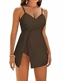 GRACE KARIN Damen Einteiler Badeanzug Kleid schlicht Bademode für Strandurlaub Dunkelbraun 2XL