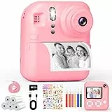 MILFECH 2.4 Zoll Kinderkamera Sofortbildkamera DigitalKamera, Fotokamera mit 32GB Karte & 5 Druckpapier, 6 Aquarellstiften, 2 Aufklebern, Geschenke für Jungen und Mädchen 3-12 Jahre(Rosa)