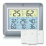 Urageuxy Wetterstation Funk mit 3 Außensensor - Wetterstation mit 100m Reichweite, Digital Hygrometer Thermometer mit Hintergrundbeleuchtung, MIN/MAX-Aufzeichnung, Einfache Bedienung (Grau)