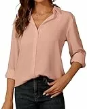 SPRING SEAON Damen-Bluse, langärmelig, Chiffon, V-Ausschnitt, Button-Down-Shirt, lässig, Büro, Arbeit, Tops für Damen, dunkelrosa, X-Large