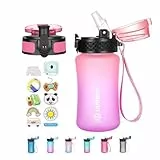 GOPPUS 350ml/12oz Trinkflasche Kinder mit Strohhalm Wasserflasche für Kohlensäurehaltige Getränke BPA-frei Kindertrinkflaschen mit Zeitmarkierung für Mädchen Auslaufsicher Flasche Kids Water Bottle