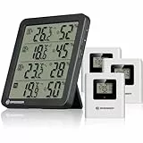 Bresser Quadro NV Thermo-Hygrometer mit 4 Messpunkten, integrierter Sensor und 3 Funksensoren, Smiley-Komfortindikator, Min/Max-Speicher, IP44, schwarz, wenig