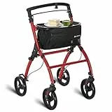 Juskys Aluminium Wohnungsrollator Aktiv mit Transporttasche & Tablett - Indoor Rollator schmal, leicht & faltbar - Gehhilfe für Senioren - Rot