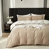 Boqingzhu Bettbezug Set 220x240 Baumwolle, Beige Weiß Bettwäsche 3 Teilig, Weich Atmungsaktiv Pflegeleicht, Reißverschluss, Doppelbett Bettgarnitur Wendebettwäsche Set