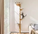 Kratzbaum Groß 210cm Kletterwand Katzen, Wandmontierter Katzenkratzbaum 5 Stöckig aus Natürliches Holz mit Grauem Robustem Filzstoff, Wandkratzbaum für Katzen zum Klettern, Kratzen und Spielen