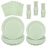 NatNarr 125 Stück Partygeschirr Set für 25 Gäste, Gewellte Salbeigrün Pappteller und Becher Set, Servietten Salbeigrün und Papierstrohhalme für Babypartys, Geburtstag, Hochzeiten