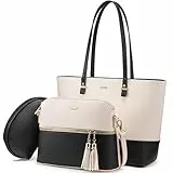 LOVEVOOK Handtasche Damen Shopper Schultertasche Blau Umhängetasche Damen Geldbörse Tragetasche Groß Tasche Tote für Büro Schule Einkauf Reise Leder Handtasche 3-teiliges Set, Beige-schwarz