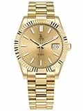 Alienwork Armbanduhr Herren Damen Gold Edelstahl Metallarmband Kalender Datum Klassik Elegant