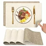 Myir JUN Tischsets Abwaschbar und Untersetzer, Platzsets Abwaschbar Doppelseitigen Platzdeckchen Kunstleder rutschfest Tischset Lederoptik für Speisetisch (Bräunlich/Milchig weiß, 4er Set)