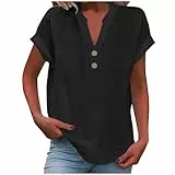 KOG Damen Shirt Lässig Leinenhemd T-Shirt Freizeit Kurzarm Tuniken Frau Tunika Slim Fit Leinenshirt T-Shirts Rundhals Oversized Longshirt Schwarz XXL
