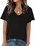 Crewhpo T Shirt Damen Kurzarm Shirts Sommer mit V-Ausschnitt Basic Shirt Einfarbige Casual Top Stretch Baumwolle Oberteile Lockeres Elegant Schwarz