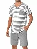 Leversic Schlafanzug Herren Kurz aus Baumwolle mit Kontraststreifen Design, Sommer Pyjama Set Oberteile und Kurze Hosen, Vater und Partner, 206-Grau, XXL