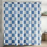 Duschvorhang 180×200cm - Karierter Badevorhang Retro Schachbrett Shower Curtain Polyester Textil Vorhang Anti Schimmel Wasserdichter Schnelltrocknend Waschbar für Badewanne mit 12 Haken (Blau)