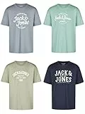 JACK & JONES Tshirt Herren Regular Fit JJLINO 4er Pack Set Pack Rundhals Kurzarm Sommer Tee Shirt Print, Größe:XL, Farbe:Pack 1