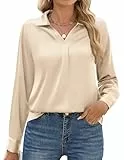 Zeagoo Satin Bluse Damen Oberteile Langarm Festliche Blusen Elegant Satin Shirt Hemdbluse Party Oberteile Arbeitshemd Seiden Business Outfit Beige 38 M