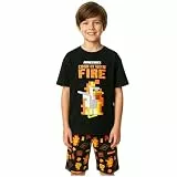 Minecraft Pyjama Jungen 6-14 Jahre, 2-Teilig Baumwolle Kurz Schlafanzug Kinder mit Weich Kurzarm T-Shirt, Sommer Geschenke für Kinder (11-12 Jahre, Schwarz/Orange, 1 er-Pack)