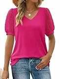 Aokosor Damen Sommer Tops V-Ausschnitt T-Shirt Schweizer Punkt Puffy Ärmel Shirts Rose Red M