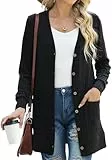 GRECERELLE Strickjacke Damen Lang Strick Cardigan V-Ausschnitt mit Taschen und Knöpfen für Herbst und Abendkleidung (Schwarz, S)