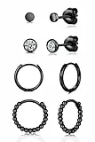 WOVEE Ohrringe Schwarz Set Ohrstecker Runde Zirkonia Ball & Creolen Silber 925 Damen Herren Mädchen 3mm 4mm 10mm 12mm