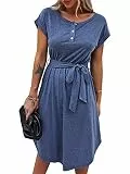 Bequemer Laden Sommer Damen Kleid Knopfleiste Kurzarm Locker Kleider Elegant Sommerkleid Strandkleid Freizeitkleid Midikleid Businesskleid mit Taille Krawatte, Blau, XL
