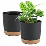 BUYGOO Blumentopf mit Untersetzer, 2er-Set Plastik Blumentopf, Pflanztopf 20 cm Durchmesser, Pflanzentöpfe mit Untersetzer und Abflusslöchern, Rund Blumentöpfe, für Innen Außen Pflanzen - Schwarz