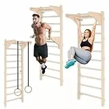 MAMOI® Gymnastikleiter für Training mit Griff und Dip-Barren, Sprossenwand mit verstellbaren Holzringen für Krafttraining und Stretching, Wandmontage, Trainingsgriffe, Trainingsgerät für Erwachsene