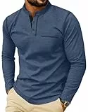 PrinStory Langarmshirt Herren Henley Baumwolle T Shirt Rundhals Pullover Mit Knopf Slim Fit Oberteile Für Männer Casual Basic (Blau, L)