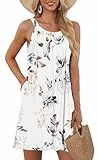 AUSELILY Damen Sommer Tank Kleid Casual Urlaub Kurze Halter Kleider Weiße Blumen L