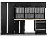 Ondis24 XL Werkstatt Komplett Set 260cm vormontierte Männerküche Werkstattrichtung modular mit Holzarbeitsplatte, Werkzeugschränke, Werkbank mit Schubladen (9 TLG.)