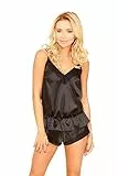 Kalimo Pyjama Ronda | Romantischer Zweiteiliger Damen Schlafanzug | Nachtwäsche | Spitzenbesatz | Farbe: Schwarz | Größe: M | Material: Satin