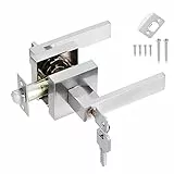 HSEAMALL Door Lever Handle Lock, Innentürgriff mit Schloss und Schlüssel Square Entry Türgriff für Schlafzimmer Büro Links-oder Rechtshänder (Silber)
