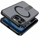 Giyer Handyhülle für iPhone 15 Pro Hülle mit Schutzfolie, Ständer Magnetisch Schutzhülle für MagSafe, Durchscheinende Matt Hart Rückseite Stoßfest für iPhone 15 Pro Case Cover (Schwarz)