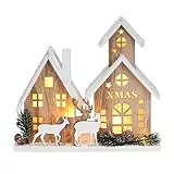 Valery Madelyn Holz Weihnachtsdeko mit LED Lichtern, Skandinavische Hütte Rustikale Weihnachtshaus Dekoration Fensterdeko mit Elch, Baum Winter Hüttenlandschaft, 20.5x23cm