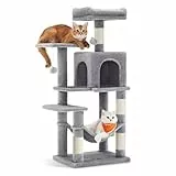 Feandrea Kratzbaum, 112 cm hoch, Katzenbaum, mehrstöckiges Katzenhaus, mit 4 Kratzsäulen, 2 Plattformen, Hängematte, Höhle, hellgrau PCT261W01